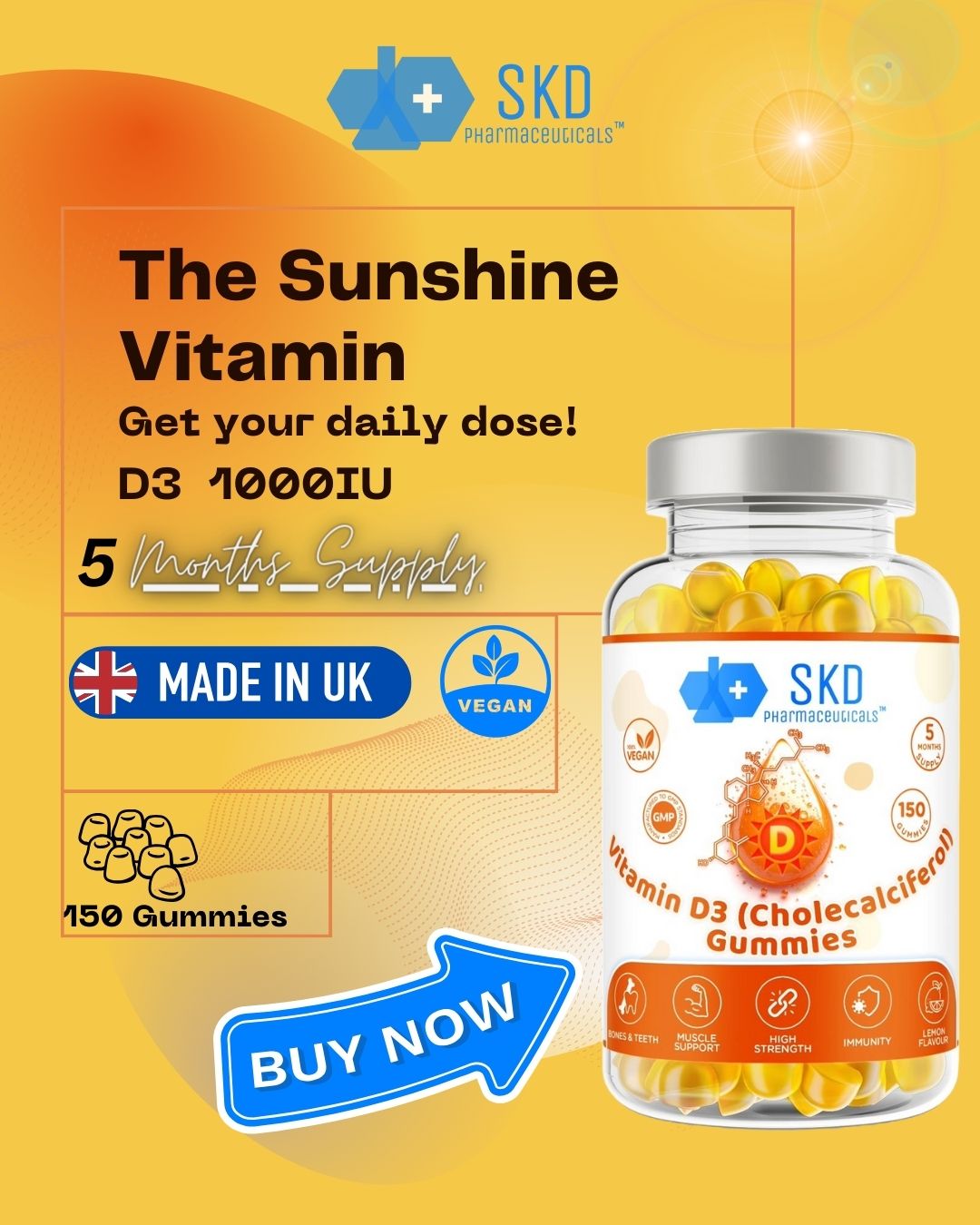 Vitamin D3 | Cholecalciferol | 1000 iu units | 60 & 150 Gummies | Lemon Flavour | Vegetarian